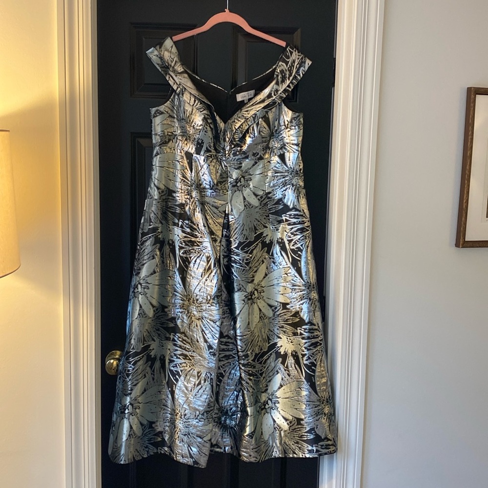 Rickie Freeman for Teri Jon Black and Silver Embellished Tiered Dress